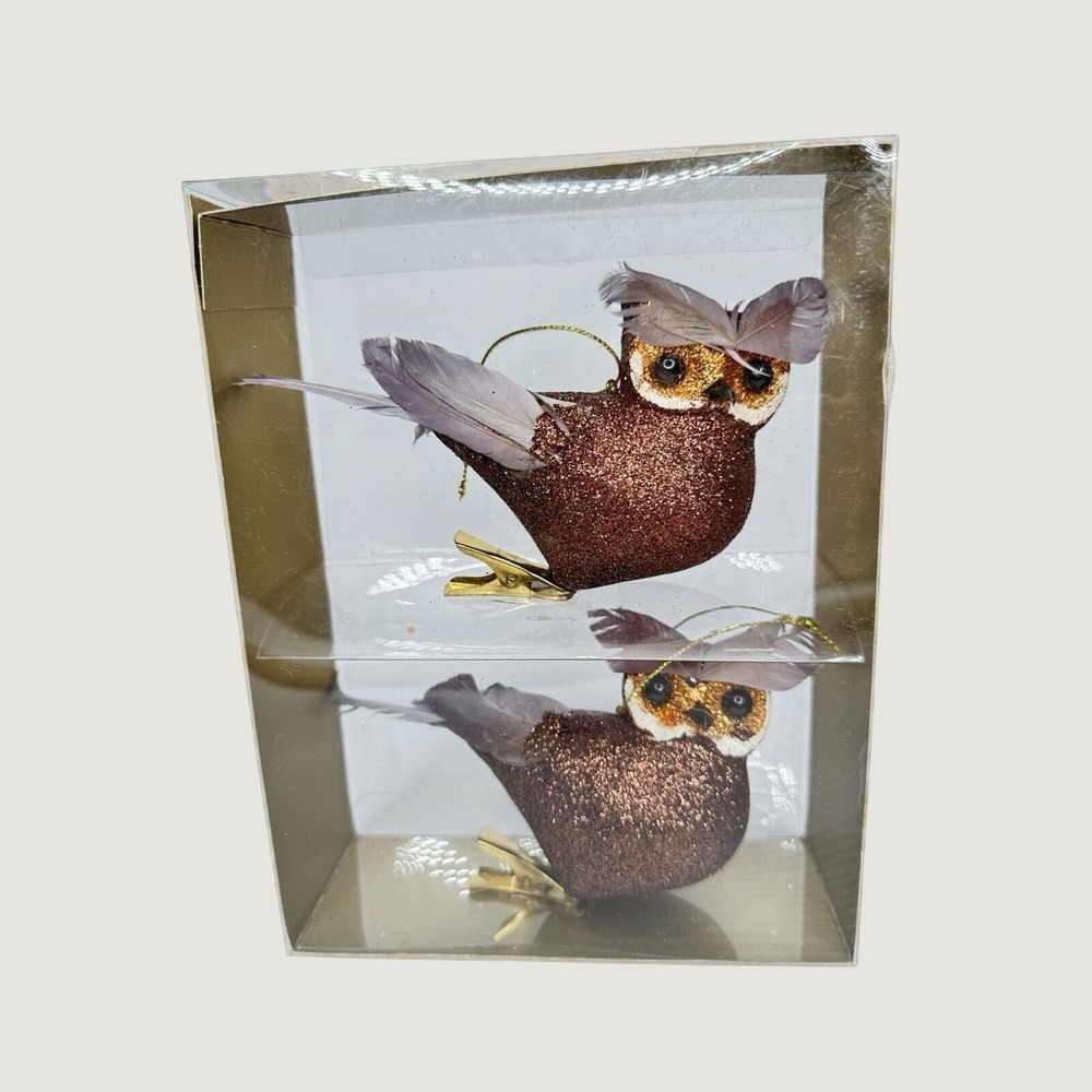 NWT Set of 2 Glitter Owl Clip Christmas Ornaments Brown Gold Feather Decor